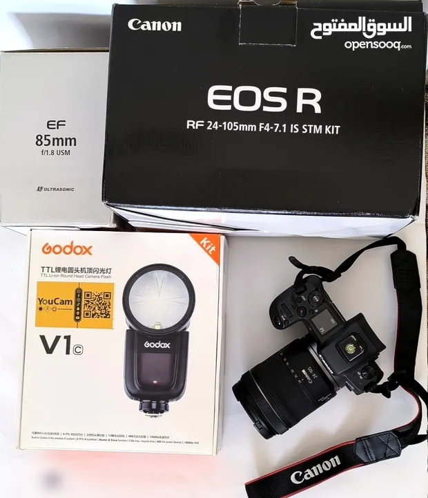 Camera Canon R + Lens RF 24-105 + Lens 85 1.8 + adapter + Flash Godox V1