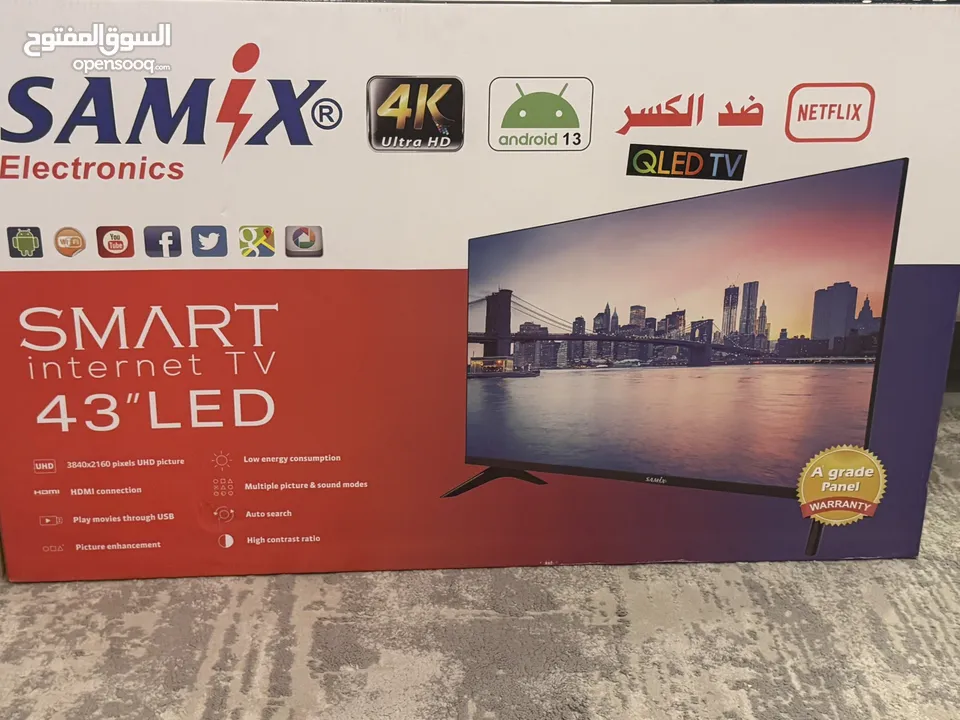 تلفزيون samix سمارت 43 بوصة جديدة بلكرتونة  Smart tv  Internet ضد الكسر
