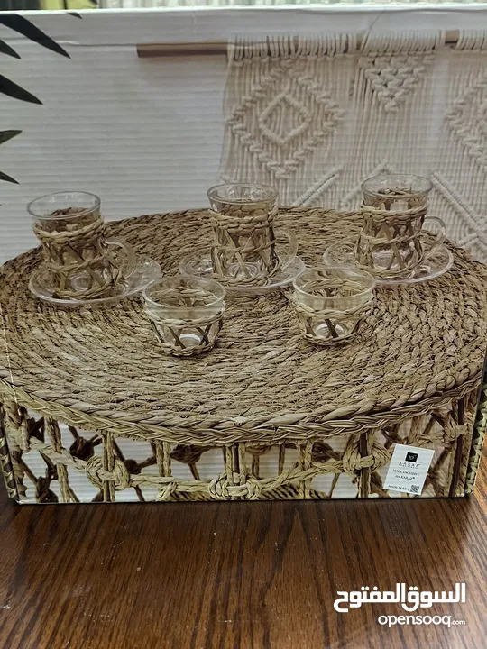طقم كاسات شاي و قهوة سادة قش