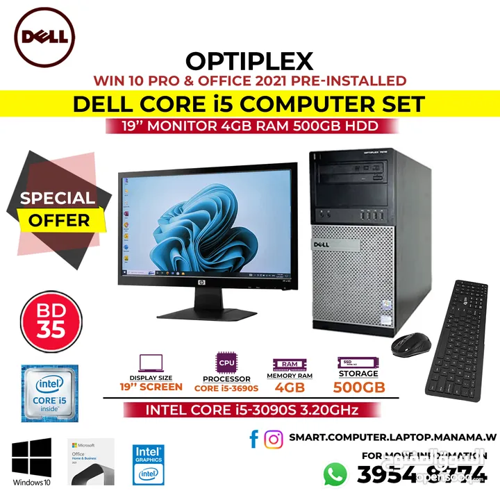 Dell Core i5 Computer Set - 3.10Ghz 4GB Ram 500GB HDD 19" FHD Monitor Win 10 Office -