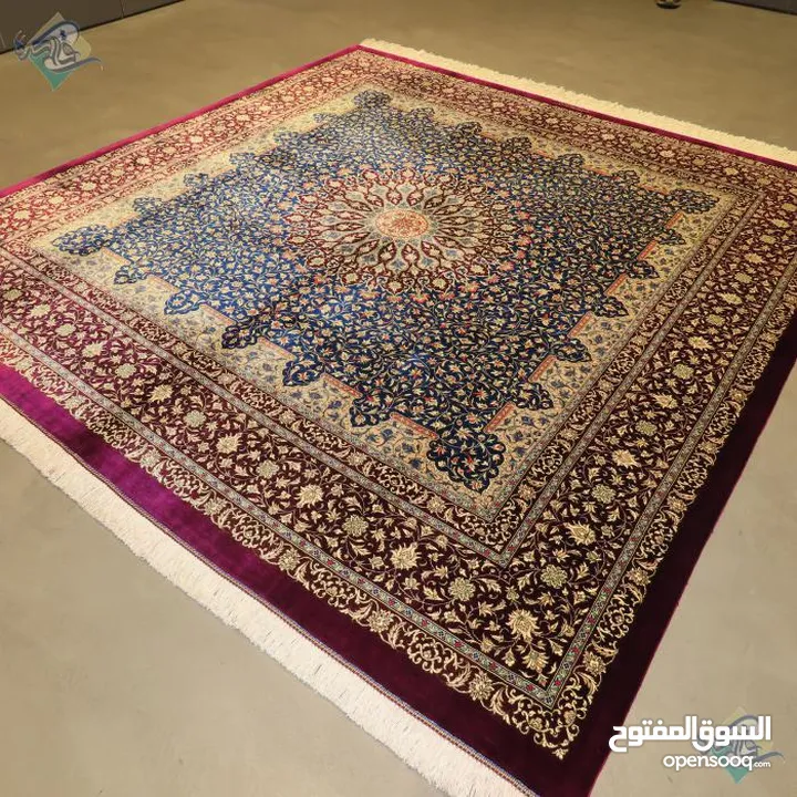 Iranian Handmade square carpet, two by two meters, all silk, Qom, bergamot design