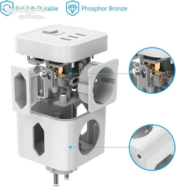 مقبس USB، مكعب مقبس JSVER مكون من 3 مقصورات مع 3 محولات مقبس USB (مقبسان أوروبيان ومقبس Schuko واحد)