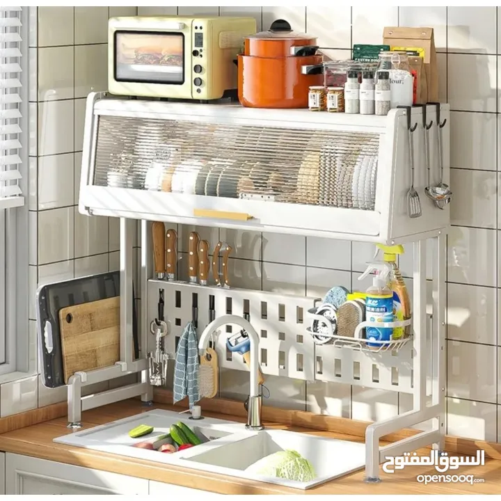 رف تجفيف الصحون قابل الاغلاق مع اماكن لتنظيم أدوات المطبخ