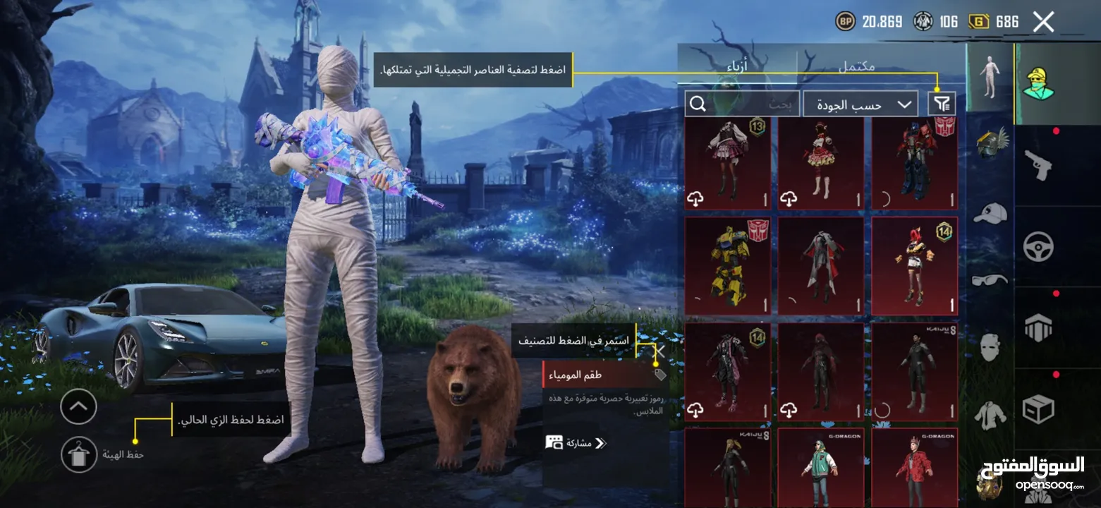 حساب ببجي نادر جدآ جميع مميائات + اسحلة كل لبسة ممياء وهناك كثير من بكجات مثل بكج سيارات