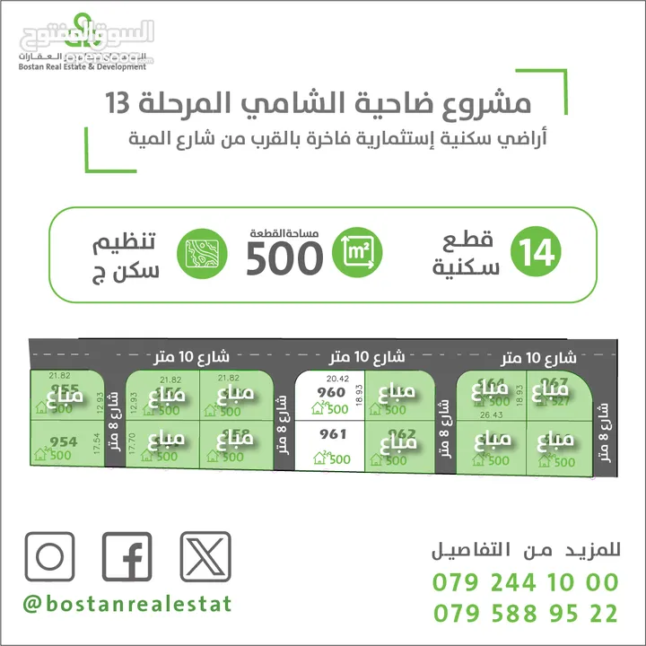 اراضي سكنية على شارع المية مباشرة / المساحات من 500 الى 1000 متر