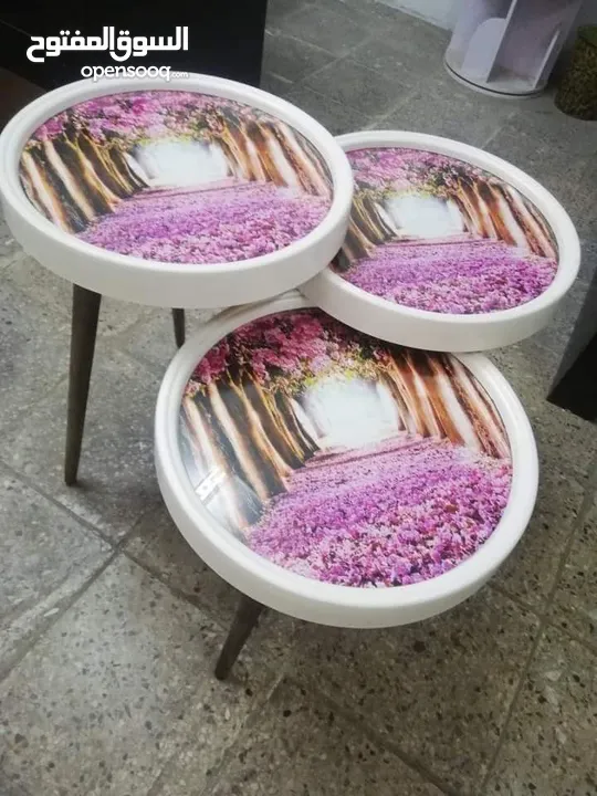 طاولات سرفيس 3D  زجاج حجم الكبير قطر 40سم نظام تركي  متوفر الوان  3 قطع
