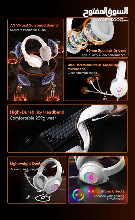 Meetion HP012 RGB 7.1 Virtual Surround Sound Gaming Headset USB -White سماعات لون ابيض