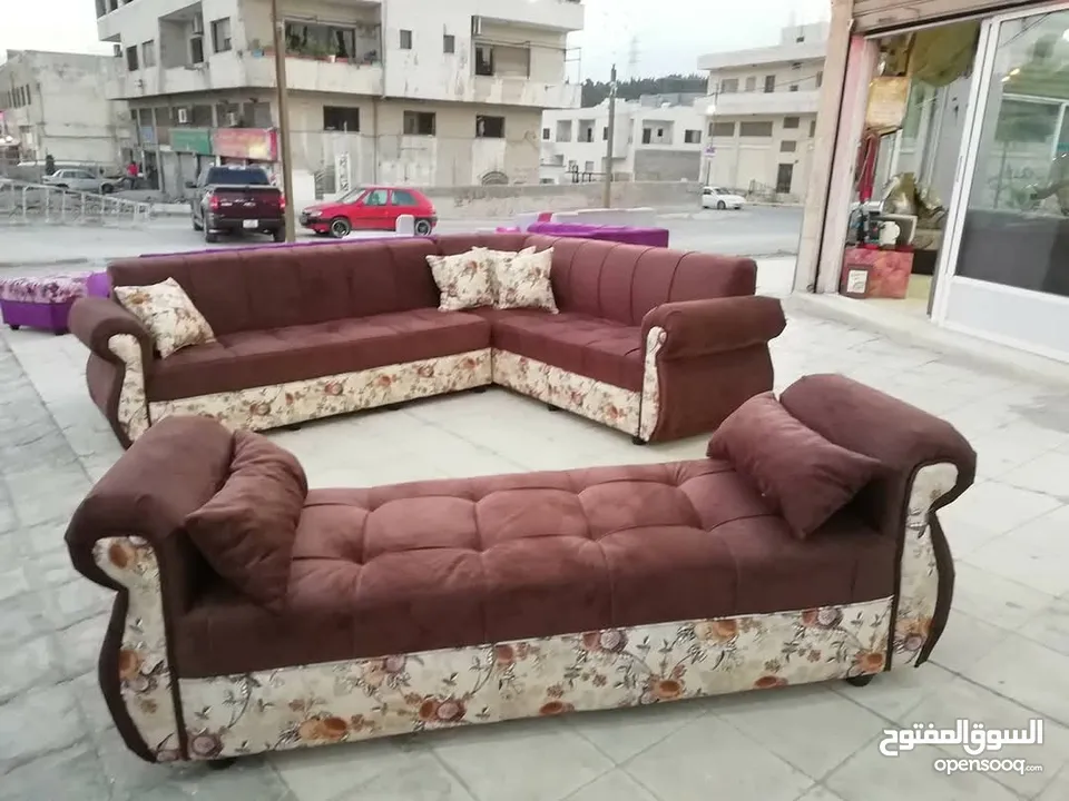 تنجيد كورنر حرف L مع كنبة مزدوجة مع إمكانية اختيار الاقمشة والألوان والتفصيل حسب الطلب