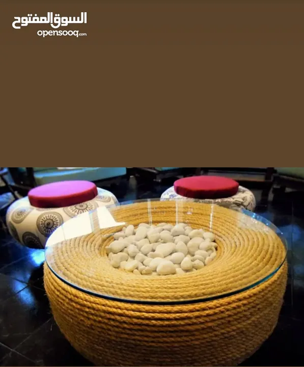 طاولات وسط من الاطارات مع حبل الخيش للحديقة وداخل المنزل ، تصميم بسيط وعصري