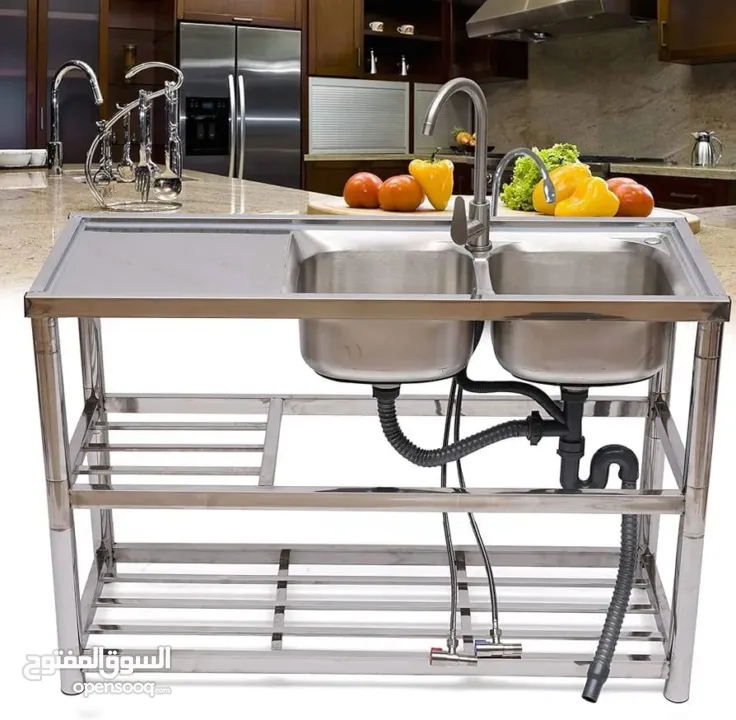 مجلى ستانلس ستيل حوضين مع رفوف وحنفية مكفول