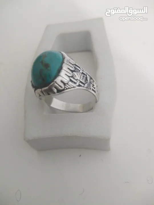خاتم فضة 925 منقوش حجر الفيروز الأخضر التفاحي الطبيعي القياس 28 الوزن 9غرام حجر الفيروز نيشابوري