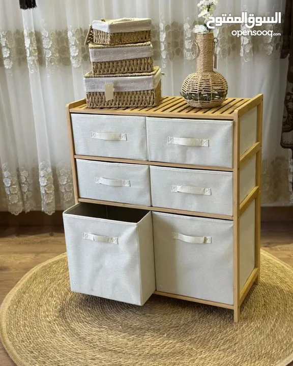 خزانة البامبو  بـ6 أدراج قماشية متينة   تصميم طبيعي وراقي يناسب جميع الديكورات أدراج واسعة