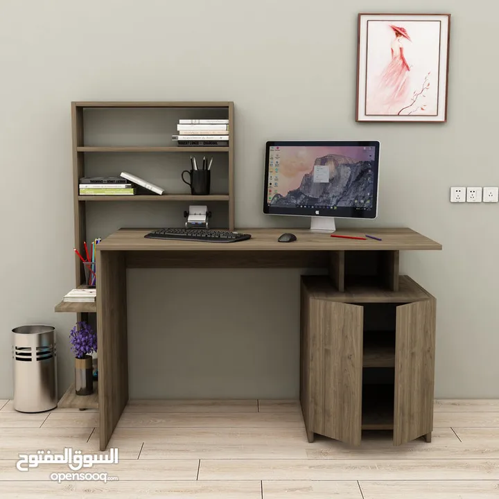 مكتب مع خزانة ورفوف بتصميم مميز مع إمكانية تغيير اللون والاتجاه