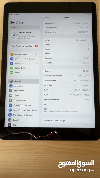 ايباد (الجيل التاسع) 10.2 بوصة، 64 جيجا، شريحة اتصال خلوية، رمادي فضائي، مستعمل كالجديد، بدون اي خدش