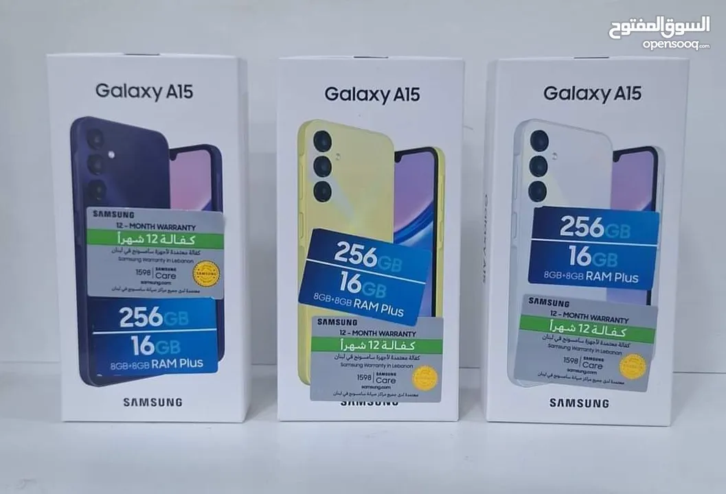 مشغل ايام Samsung A15 رام 8 و 12و 16 جيجا 128 و 256 أغرضة و الكرتونه الأصلية مكفول سنة متوفر توصيل