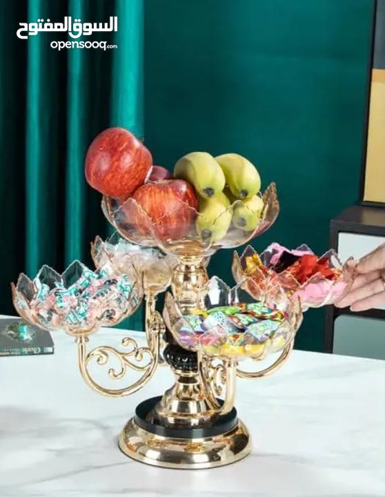 ستاند شيال حلويات ومكسرات ملكي ذهبي دوار 360 درجة دوران شكل وردة 5 خانات ملكي