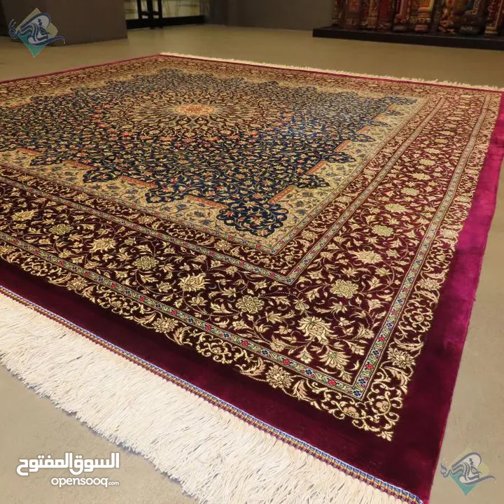 Iranian Handmade square carpet, two by two meters, all silk, Qom, bergamot design