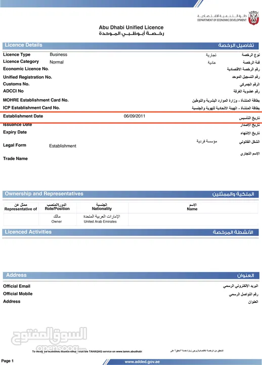 رخصة تجارية للبيع منذ 2011   -  Old Commercial License For sale ( Since 2011 )