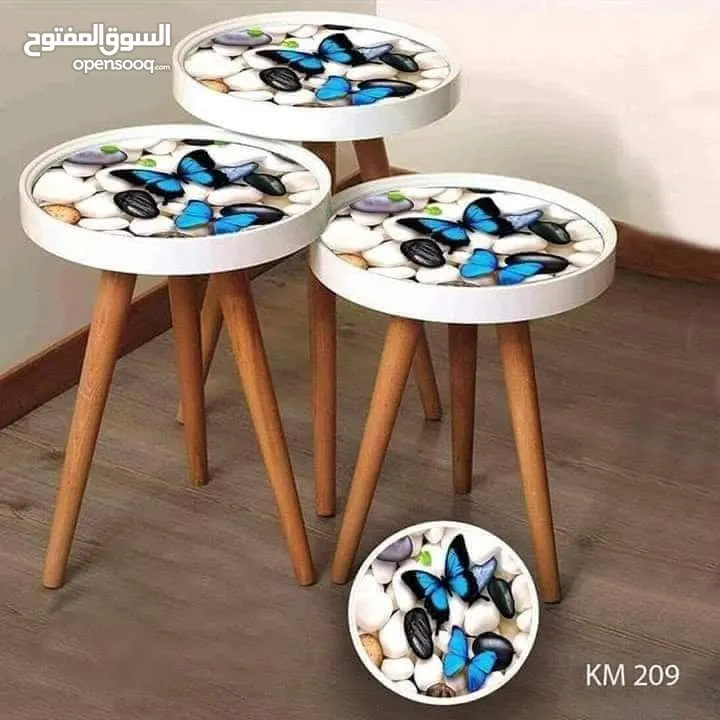 طاولات سرفيس 3D  زجاج حجم الكبير قطر 40سم نظام تركي  متوفر الوان  3 قطع