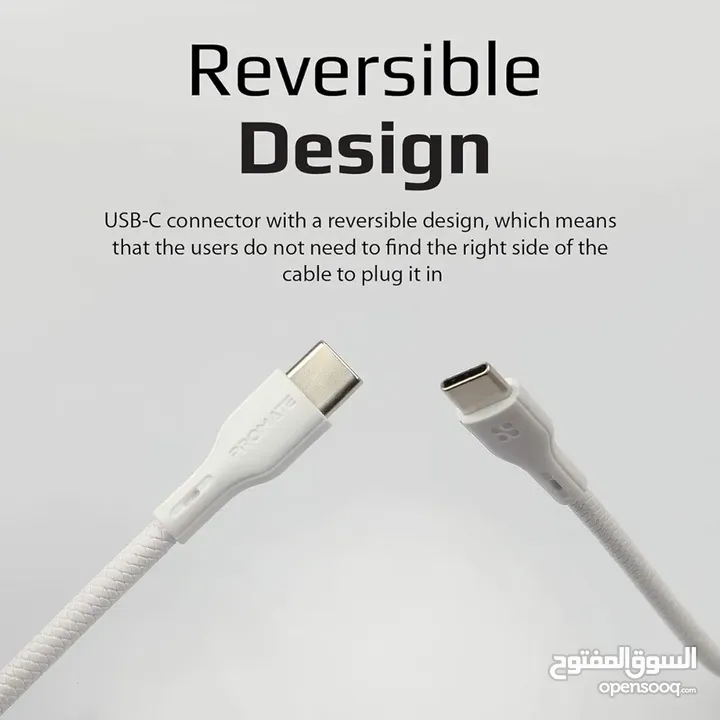 كابل بمأخذي يو اس بي نوع سي من برومايت، سرعة عالية باستطاعة 60 واط، 3 أمبير لنقل الطاقة والبيانات