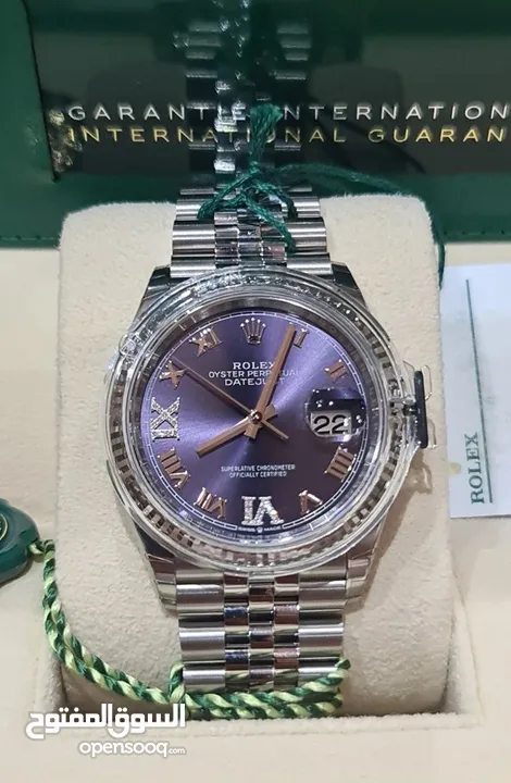 ROLEX UNWANTED GIFT 18K/SS DATEJUST 36MM AUBERGINE PURPLE DIAMOND DIAL FULL SET, STICKERS BARCODE...