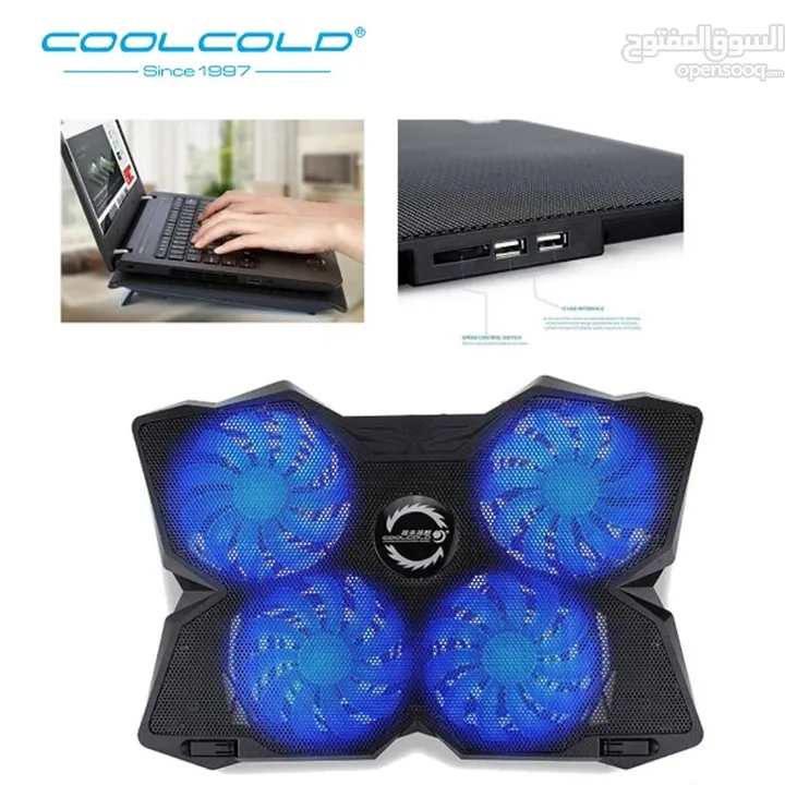 COOLCOLD 25V Gaming 4 Silent Fans Laptop Cooling Pad قاعدة تبريد 4 مراوح