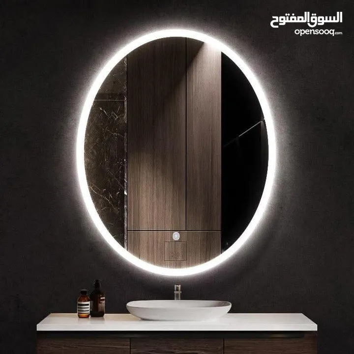 مرآة LED الذكية – إضاءة مميزه جدا ،  تشغيل كهرباء، كبسة لمس، قطر 70 سم.  متوفرة بإطار ذهبي أو بدون