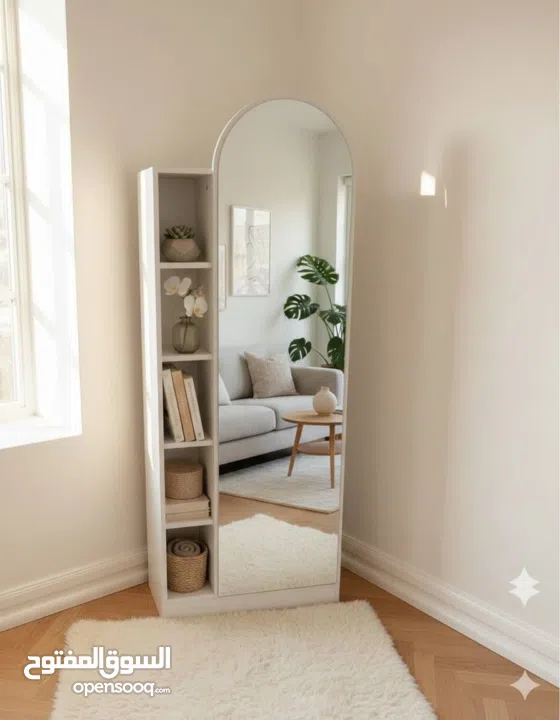 مرآة أرضية فاخرة مع رفوف جانبية – قطعة ديكور تخطّف الأنظار حوّلي أي زاوية في بيتك لمساحة أني
