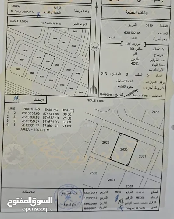 للبيع ارض في ولاية بركاء القريحة الثامنه وسطية ثاني خط من الشارع الرئيسي