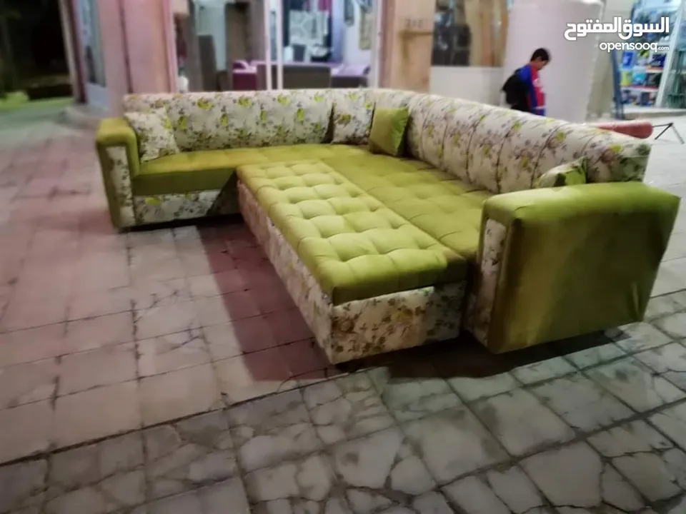 تنجيد كورنر حرف L مع كنبة مزدوجة مع إمكانية اختيار الاقمشة والألوان والتفصيل حسب الطلب