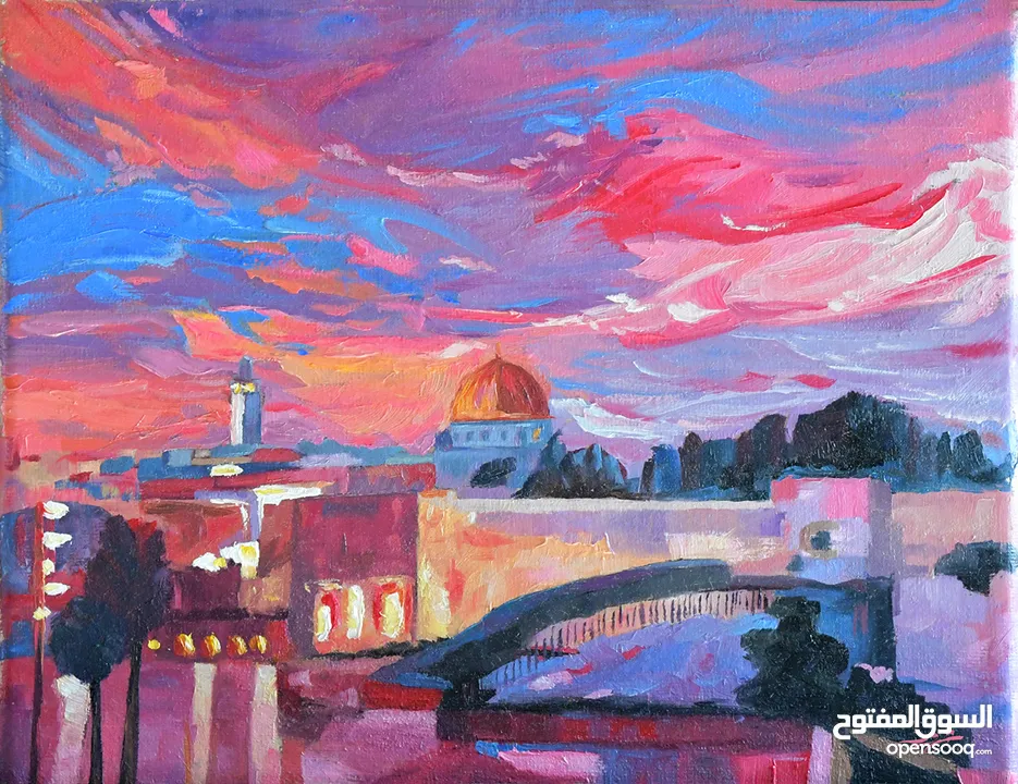 لوحة فنية انطباعية لقبة الصخرة عند الغروب