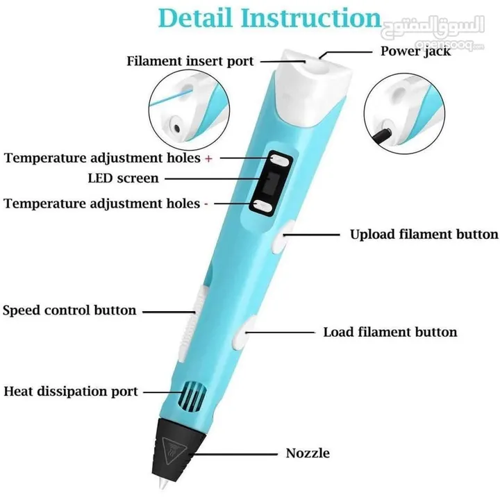 قلم 3D لتصميم المجسمات والرسم بخيوط بجميع الألوان يعمل بوصلة USB وتحكم بالمستويات