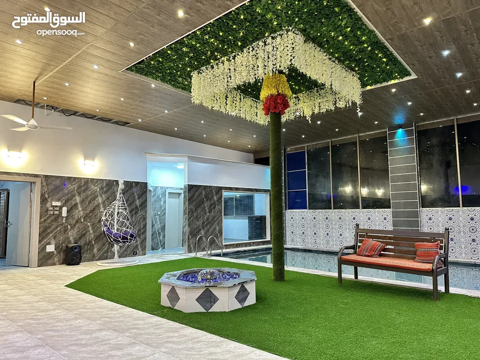 شالية كل الفصول مسبح مغلق ومدفى خصوصية عالية جلسة خارجية وباربكيو والعاب اطفال ونافورة وشلال وغيرها