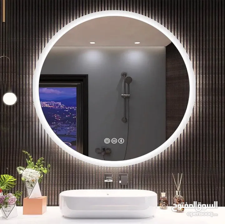 مرآة LED الذكية – إضاءة مميزه جدا ،  تشغيل كهرباء، كبسة لمس، قطر 70 سم.  متوفرة بإطار ذهبي أو بدون