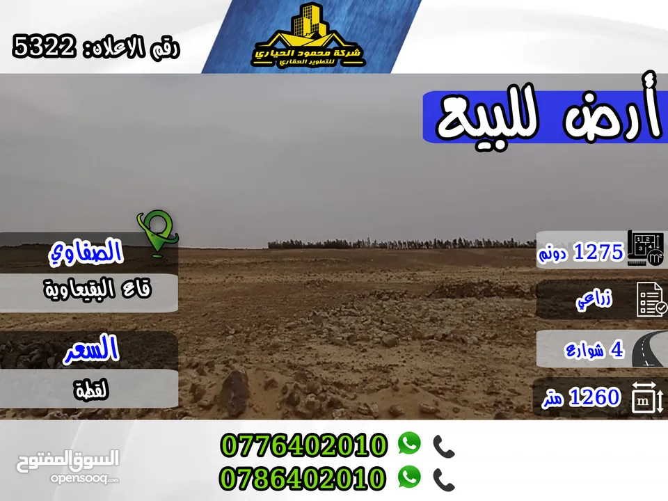 رقم الاعلان (5322) قطعة ارض زراعية مميزة للبيع في الصفاوي , قاع البقيعاوية