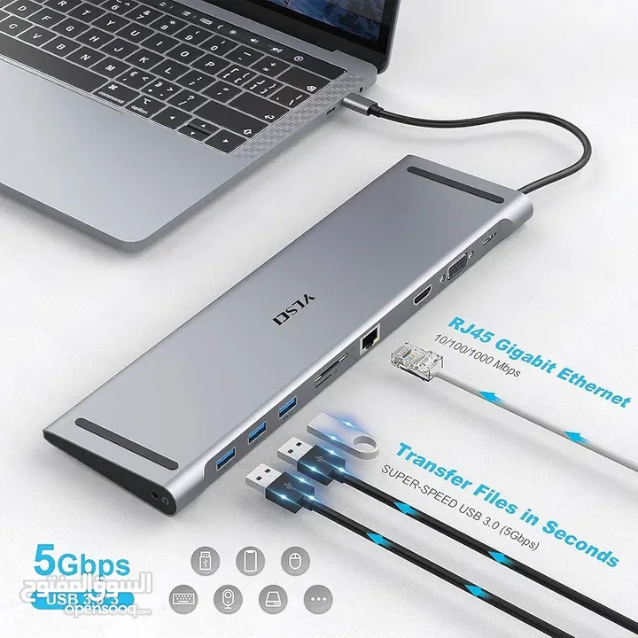 دوك ستيشن (تحويلة) 10 في 1، USB C من YLSCI مع HDMI بدقة 4K، وVGA 10 in 1 Laptop Docking Station