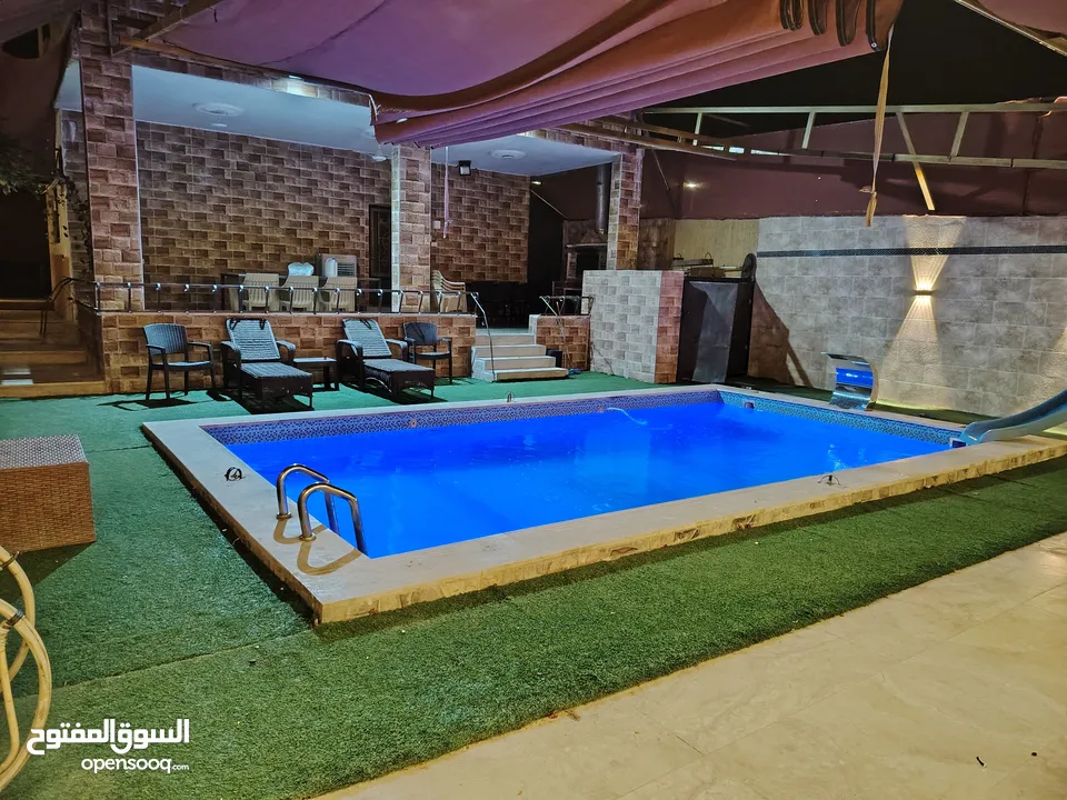 شاليه و مزرعه للايجار بالغور 50 دينار مسبح مدفأ 4*8 بدون عربون مع بلياردو و ترامبولين