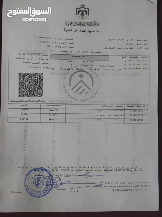 ارض للبيع المزار الجنوبي منطقة البقيع مطلة على البحر الميت والعراق