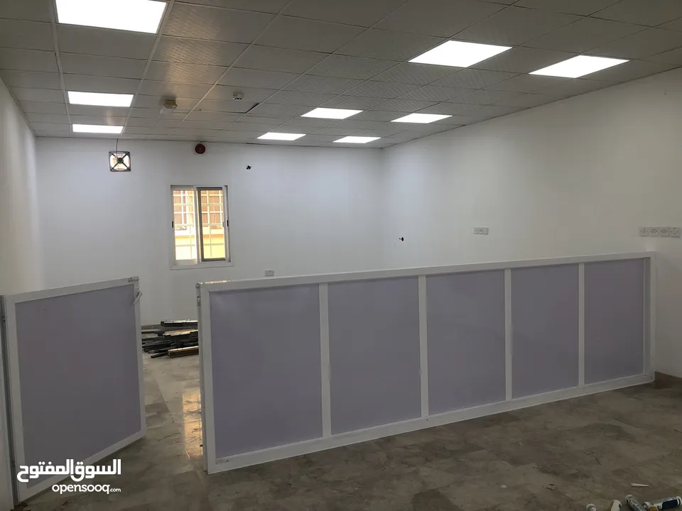 Aluminium room and partitions, glass window, door, kitchen cabinets