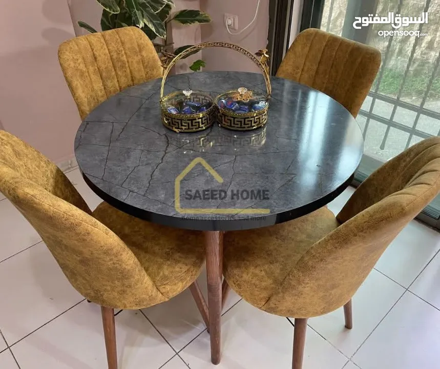 طاولة سفرة دائرية مع 4 كراسي سطح الطاولة خشب ملبس فورمايكا – مقاوم للخدوش وسهل التنظيف