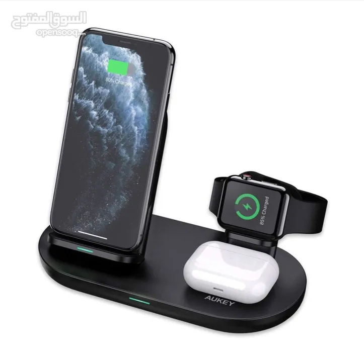 شاحن لاسلكي جديد غير مستخدم  Aukey 3-in-1 Wireless Charging Station, Black, LC-A3
