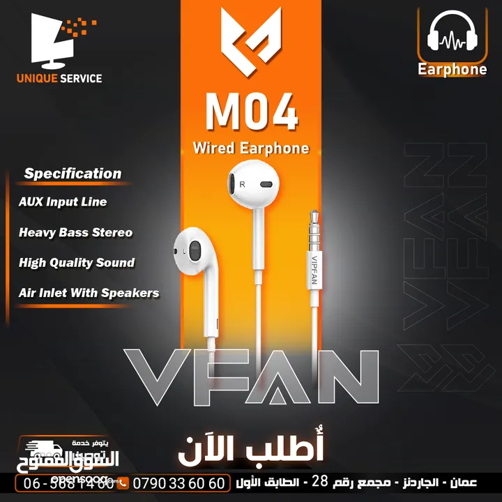 سماعه اذن اصلي مدخل AUX عالي الجودة  AUX Input VFan M04 Earphone