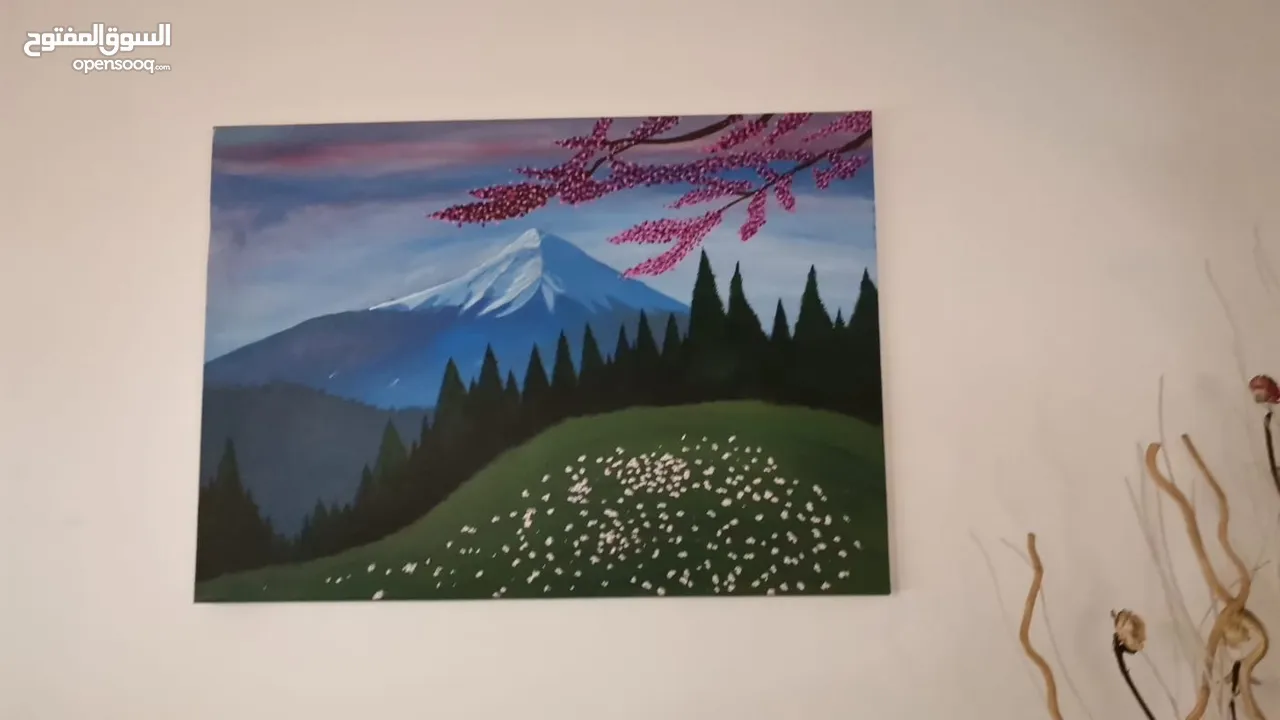 لوحة جبلية فنية بألوان هادئة – رسم يدوي مميز - رسم لوحات