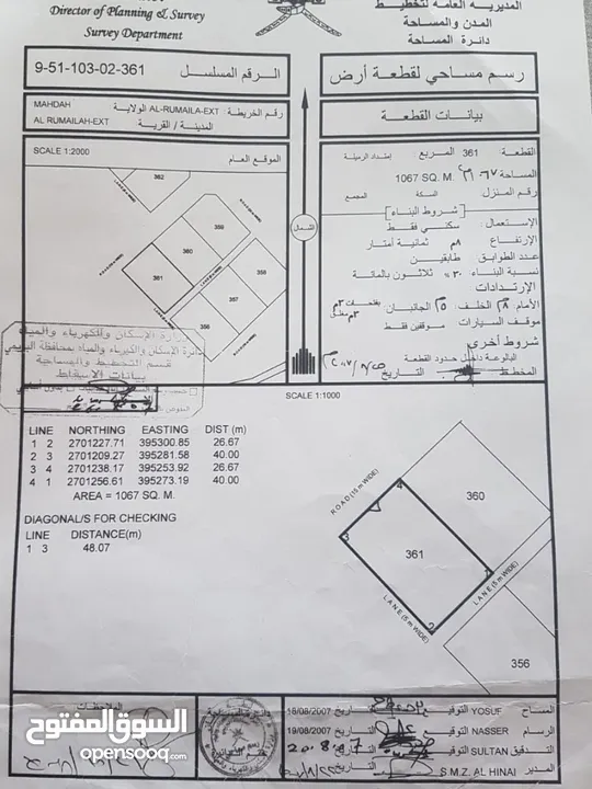 للبيع ارض سكنيه زاويه محضه الرميله مساحتها 1067 م2