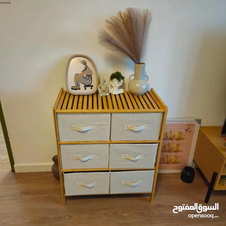 خزانة البامبو  بـ6 أدراج قماشية متينة   تصميم طبيعي وراقي يناسب جميع الديكورات أدراج واسعة