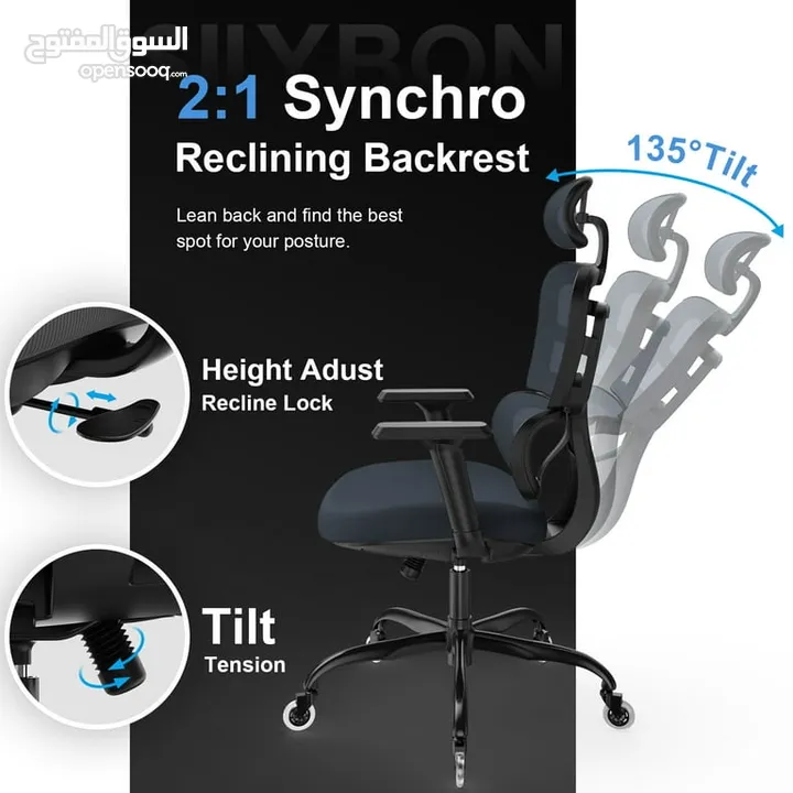 كرسي مكتب Lioncin Ergonomic،، كرسي كمبيوتر يدعم أسفل الظهر مع عجلات ومسند ذراع قابل للتعديل