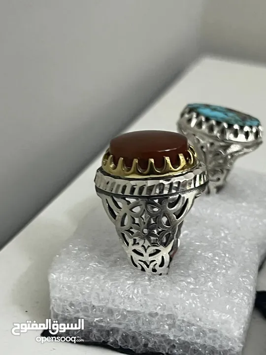 خاتم الفيروز الايراني والعقيق اليمني  Iranian turquoise and Yemeni agate ring