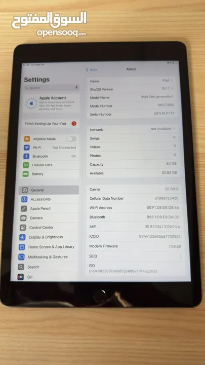 ايباد (الجيل التاسع) 10.2 بوصة، 64 جيجا، شريحة اتصال خلوية، رمادي فضائي، مستعمل كالجديد، بدون اي خدش