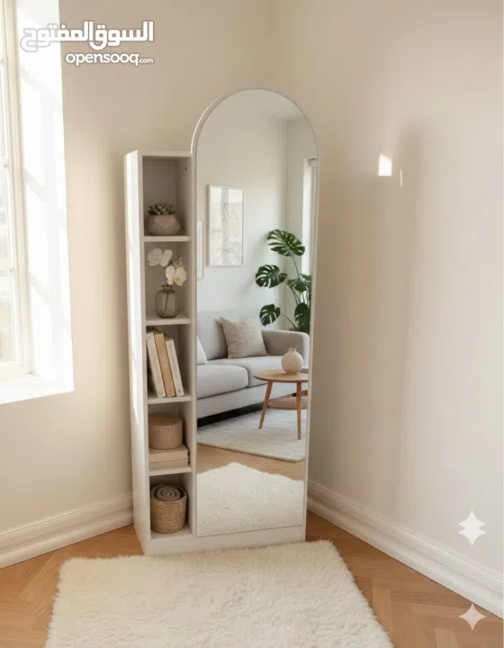 مرآة أرضية فاخرة مع رفوف جانبية – قطعة ديكور تخطّف الأنظار