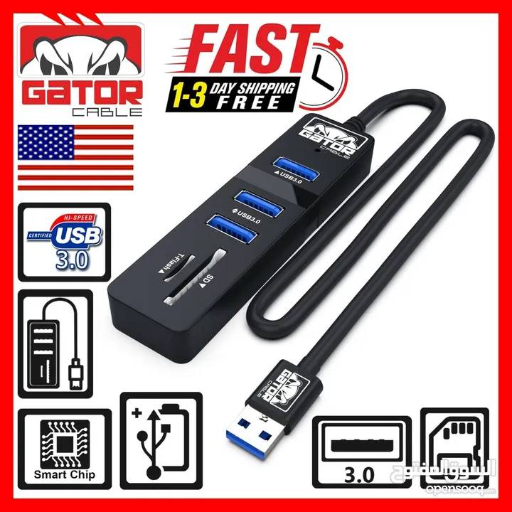 USB 3.0 Hub 3 Port Charger Data Sync SD TF Card Reader for PC Mac Laptop Desktop